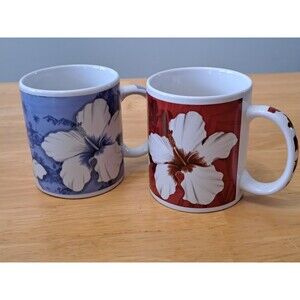 2 Vintage 2003 Hawaiian Coffee Mug Red Blue & White Hibiscus Flower ABC Stores